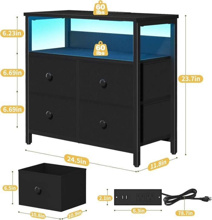 Night Stand with Charge Station, Nightstand with 4 Drawers Bedside Table, LED Dresser with Storage Shelf - Image 5