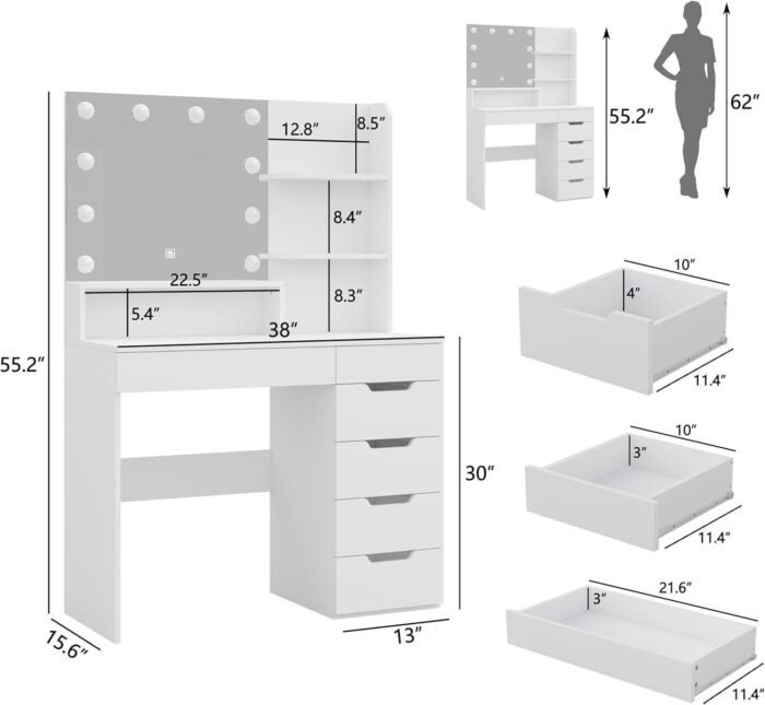 Vanity Desk with LED Lighted Mirror, Makeup Vanity Table Set with 6 Drawers - Image 6