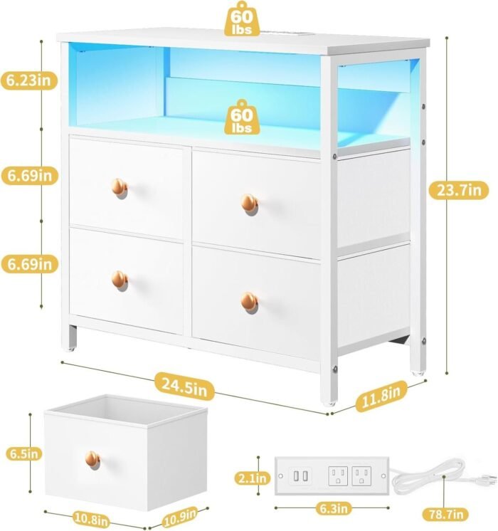 Night Stand with Charge Station, Nightstand with 4 Drawers Bedside Table, LED Dresser with Storage Shelf - Image 8