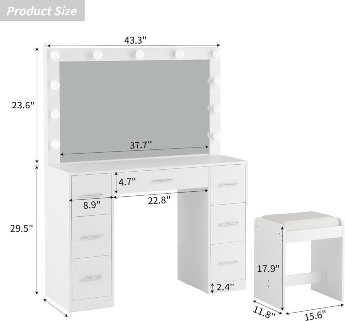 43'' W Vanity Desk with Power Outlet, Makeup Vanity with Lighted Mirror and 7 Drawers - Image 4