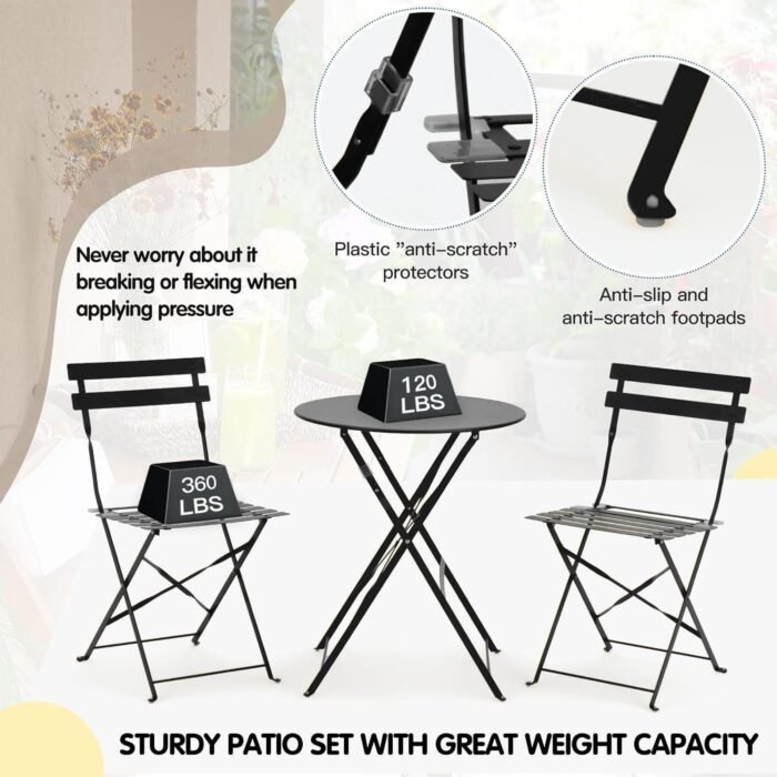 3-Piece Bistro Table and Chairs, Wrought Iron Bistro Set, Anti-Rust, Waterproof Folding Cafe Table - Image 7