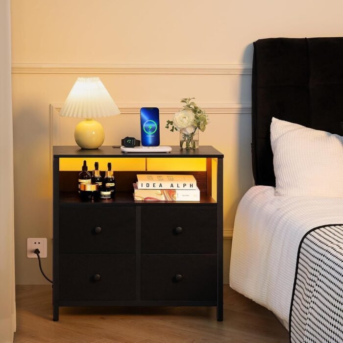 Night Stand with Charge Station, Nightstand with 4 Drawers Bedside Table, LED Dresser with Storage Shelf - Image 6