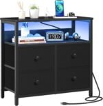 Night Stand with Charge Station, Nightstand with 4 Drawers Bedside Table, LED Dresser with Storage Shelf