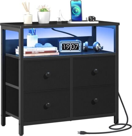 Night Stand with Charge Station, Nightstand with 4 Drawers Bedside Table, LED Dresser with Storage Shelf