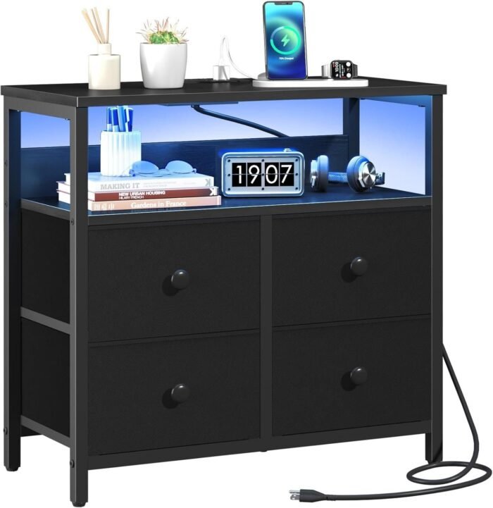 Night Stand with Charge Station, Nightstand with 4 Drawers Bedside Table, LED Dresser with Storage Shelf - Image 1