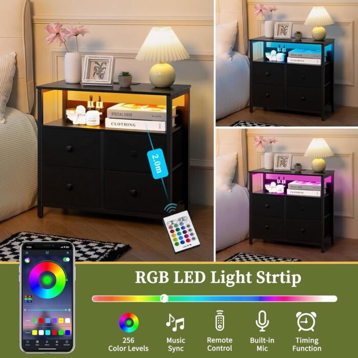 Night Stand with Charge Station, Nightstand with 4 Drawers Bedside Table, LED Dresser with Storage Shelf - Image 3
