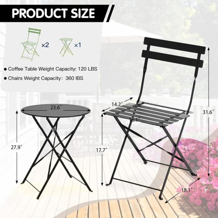 3-Piece Bistro Table and Chairs, Wrought Iron Bistro Set, Anti-Rust, Waterproof Folding Cafe Table - Image 2