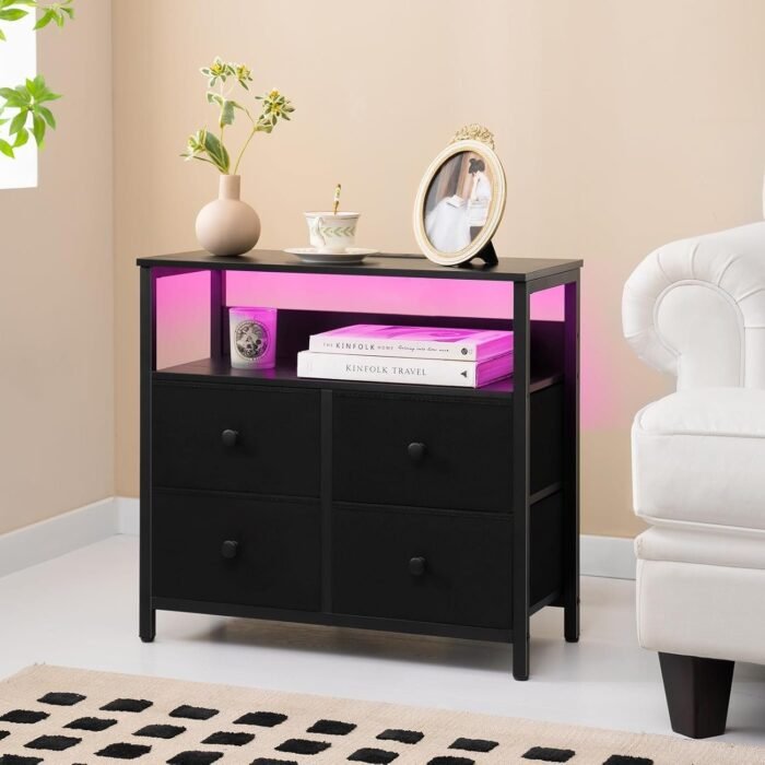 Night Stand with Charge Station, Nightstand with 4 Drawers Bedside Table, LED Dresser with Storage Shelf - Image 7