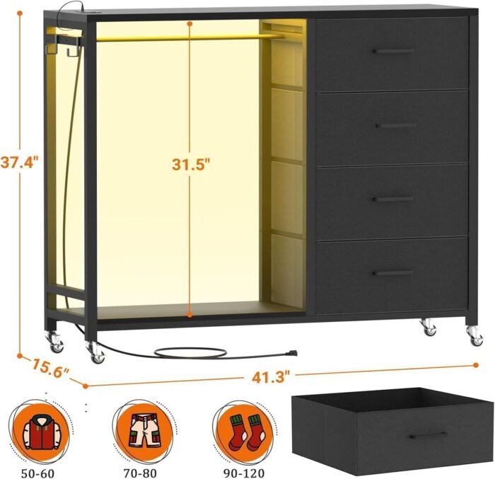 Dresser for Bedroom with Clothes Rack, 4 Drawers Dresser with Charging Station LED - Image 2
