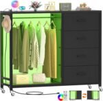 Dresser for Bedroom with Clothes Rack, 4 Drawers Dresser with Charging Station LED