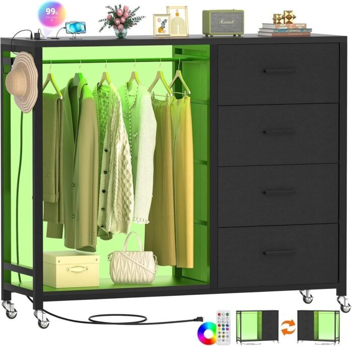 Dresser for Bedroom with Clothes Rack, 4 Drawers Dresser with Charging Station LED - Image 1