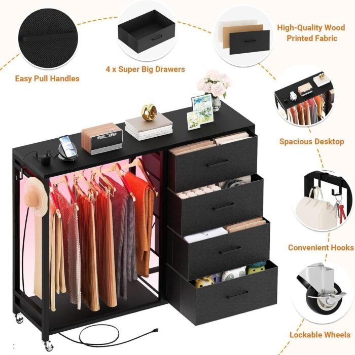 Dresser for Bedroom with Clothes Rack, 4 Drawers Dresser with Charging Station LED - Image 6