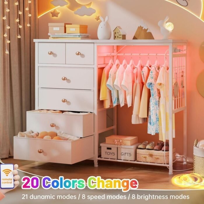 Dresser for Bedroom with Hanging Rack 6 Drawers Dresser with LED Lights Fabric Dressers - Image 3