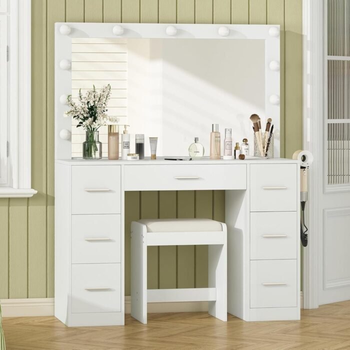 43'' W Vanity Desk with Power Outlet, Makeup Vanity with Lighted Mirror and 7 Drawers - Image 2