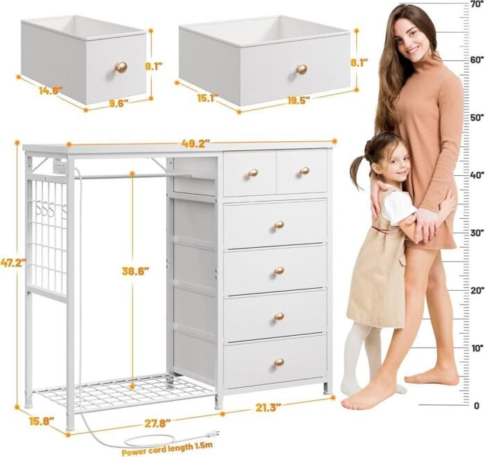 Dresser for Bedroom with Hanging Rack 6 Drawers Dresser with LED Lights Fabric Dressers - Image 5