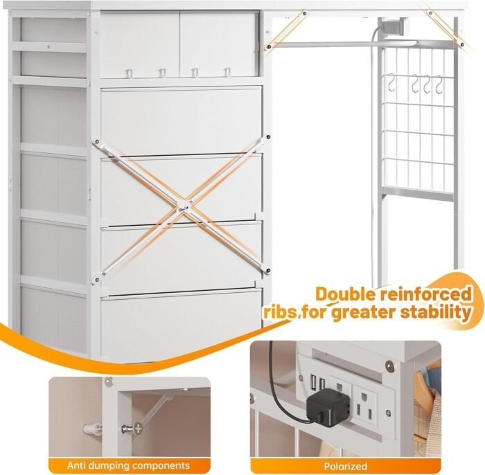 Dresser for Bedroom with Hanging Rack 6 Drawers Dresser with LED Lights Fabric Dressers - Image 8