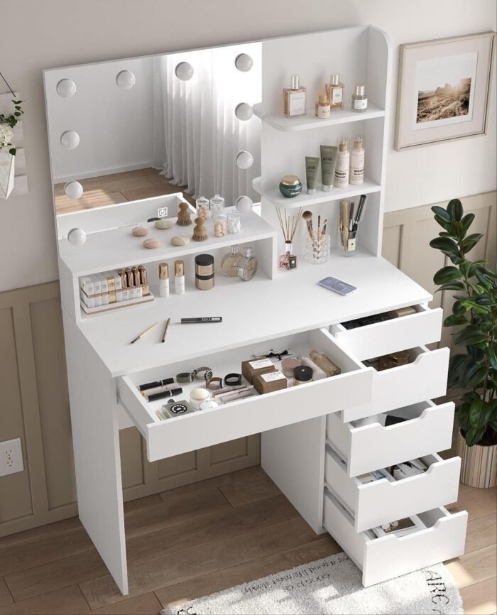 Vanity Desk with LED Lighted Mirror, Makeup Vanity Table Set with 6 Drawers - Image 1