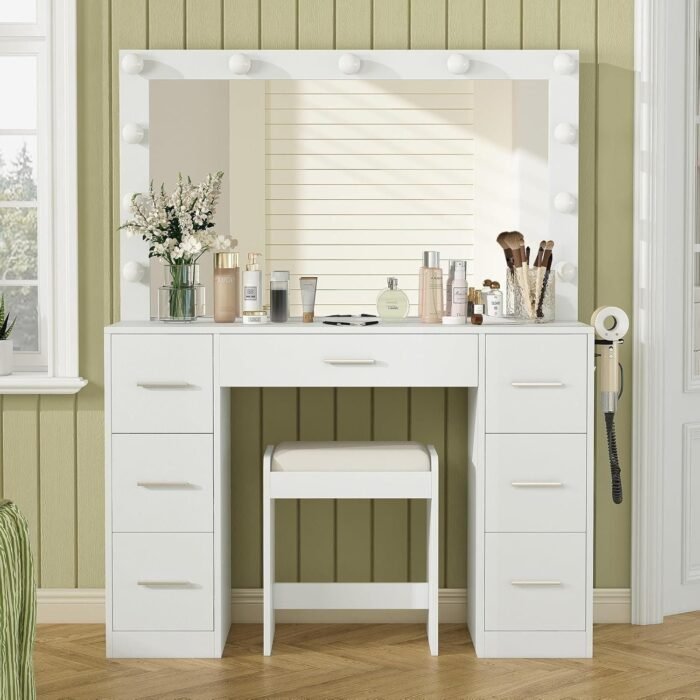 43'' W Vanity Desk with Power Outlet, Makeup Vanity with Lighted Mirror and 7 Drawers - Image 9
