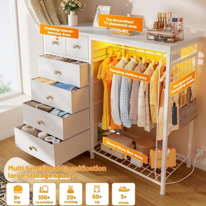 Dresser for Bedroom with Hanging Rack 6 Drawers Dresser with LED Lights Fabric Dressers - Image 2