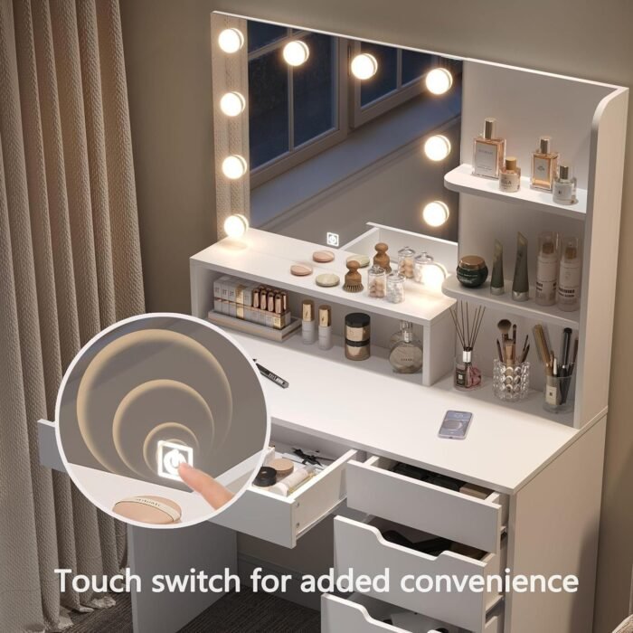 Vanity Desk with LED Lighted Mirror, Makeup Vanity Table Set with 6 Drawers - Image 5