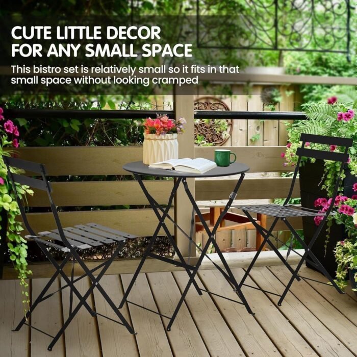 3-Piece Bistro Table and Chairs, Wrought Iron Bistro Set, Anti-Rust, Waterproof Folding Cafe Table - Image 3