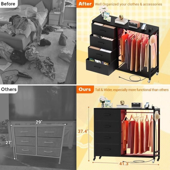 Dresser for Bedroom with Clothes Rack, 4 Drawers Dresser with Charging Station LED - Image 4
