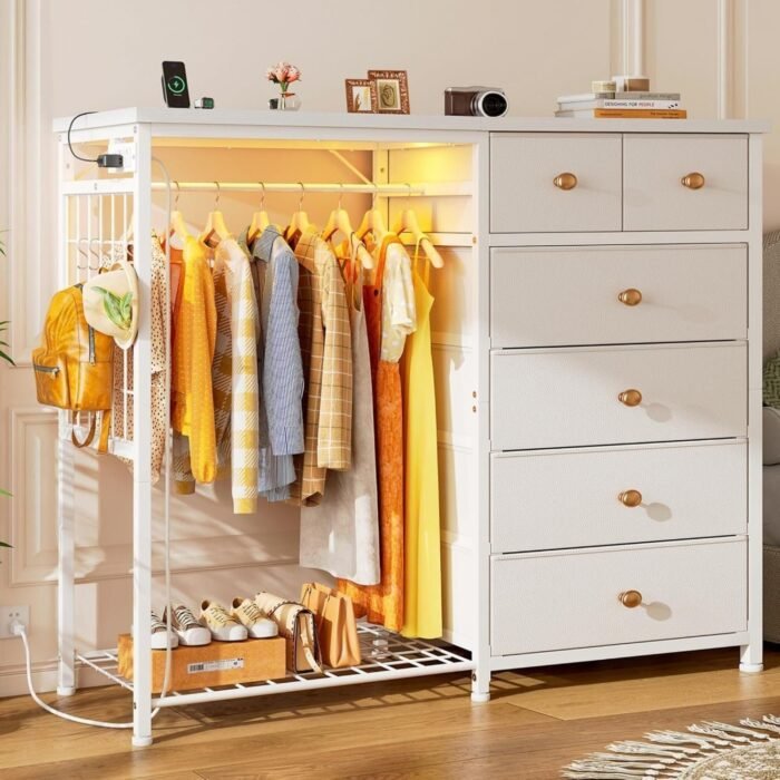 Dresser for Bedroom with Hanging Rack 6 Drawers Dresser with LED Lights Fabric Dressers - Image 1