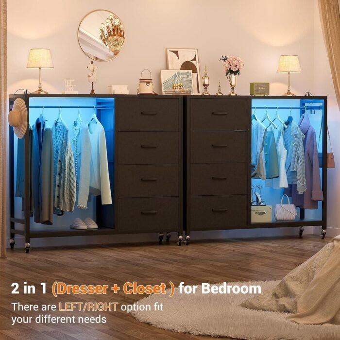 Dresser for Bedroom with Clothes Rack, 4 Drawers Dresser with Charging Station LED - Image 3