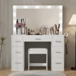 43'' W Vanity Desk with Power Outlet, Makeup Vanity with Lighted Mirror and 7 Drawers